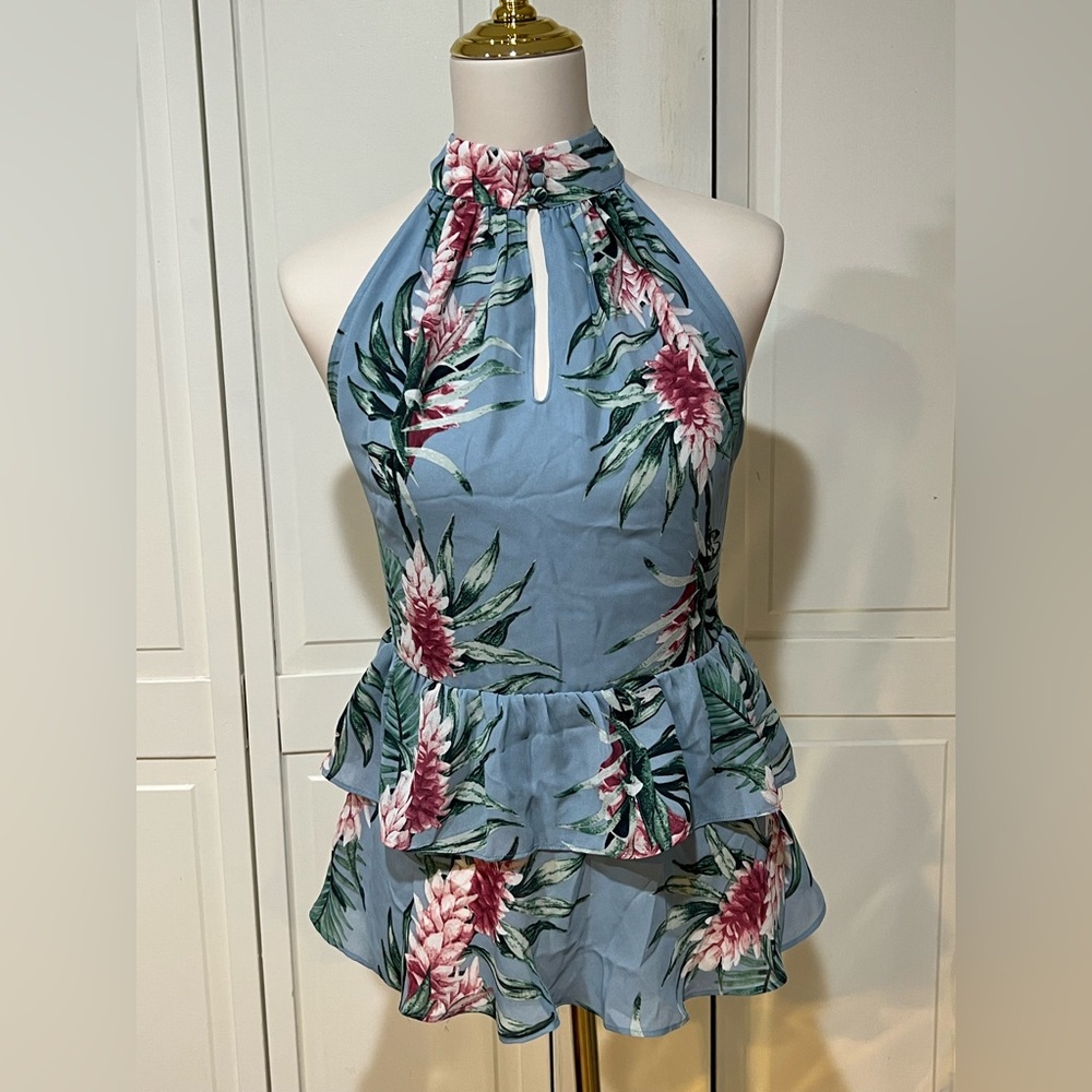 Floral Halter Neck Blouse - Blue and Pink